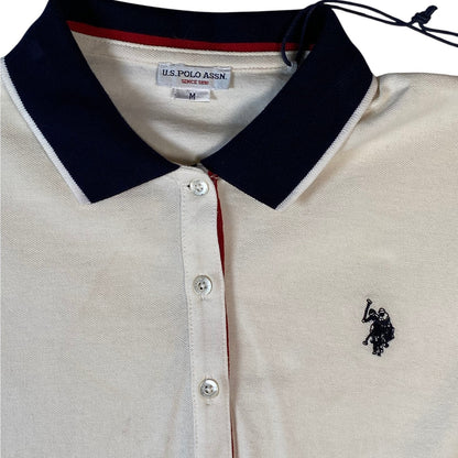 Digg It Thrift & Vintage off-white long sleeve polo shirt with navy collar and embroidered logo, size medium