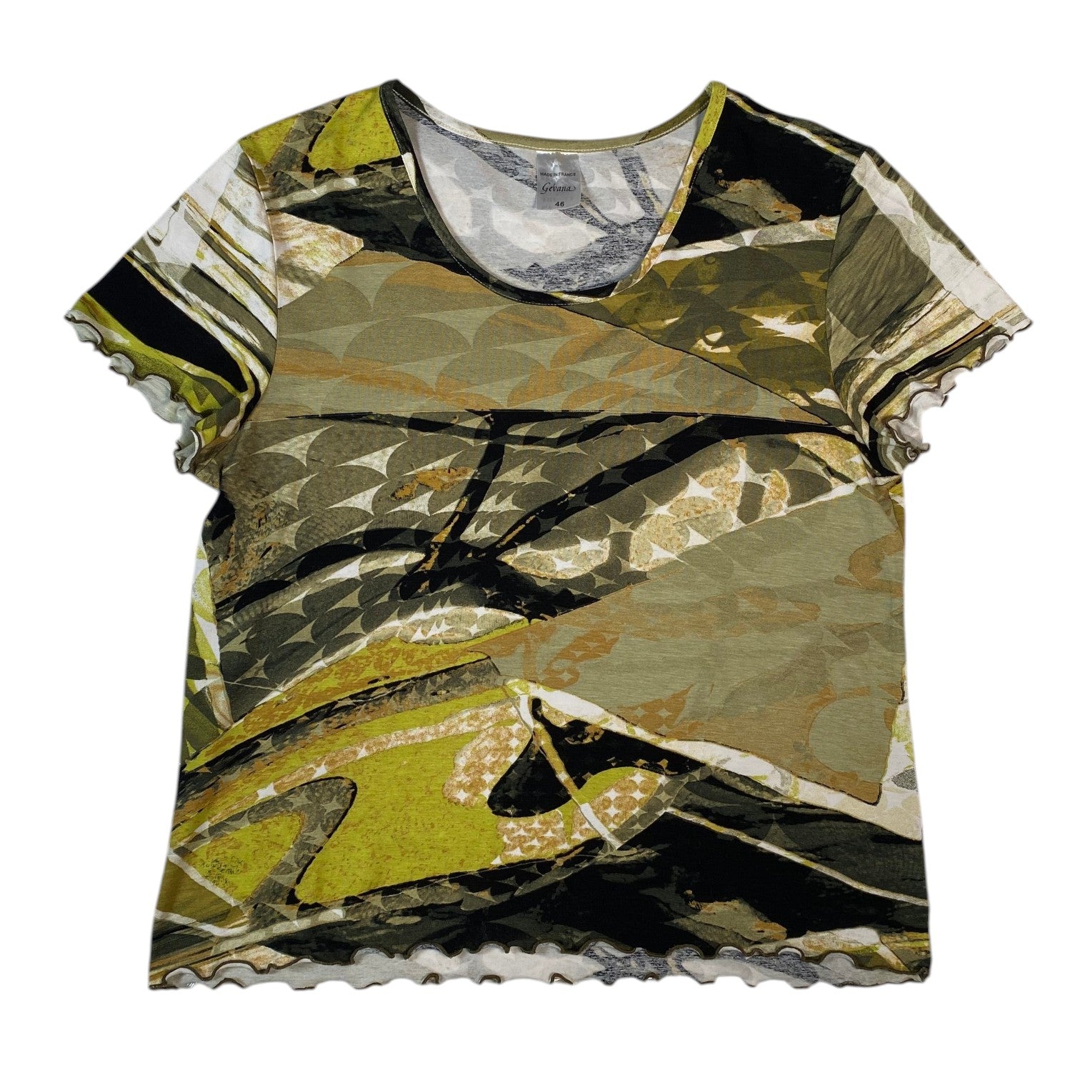 Digg It Thrift & Vintage Gevana olive abstract print short sleeve top with lettuce-hem edges, fits like a medium
