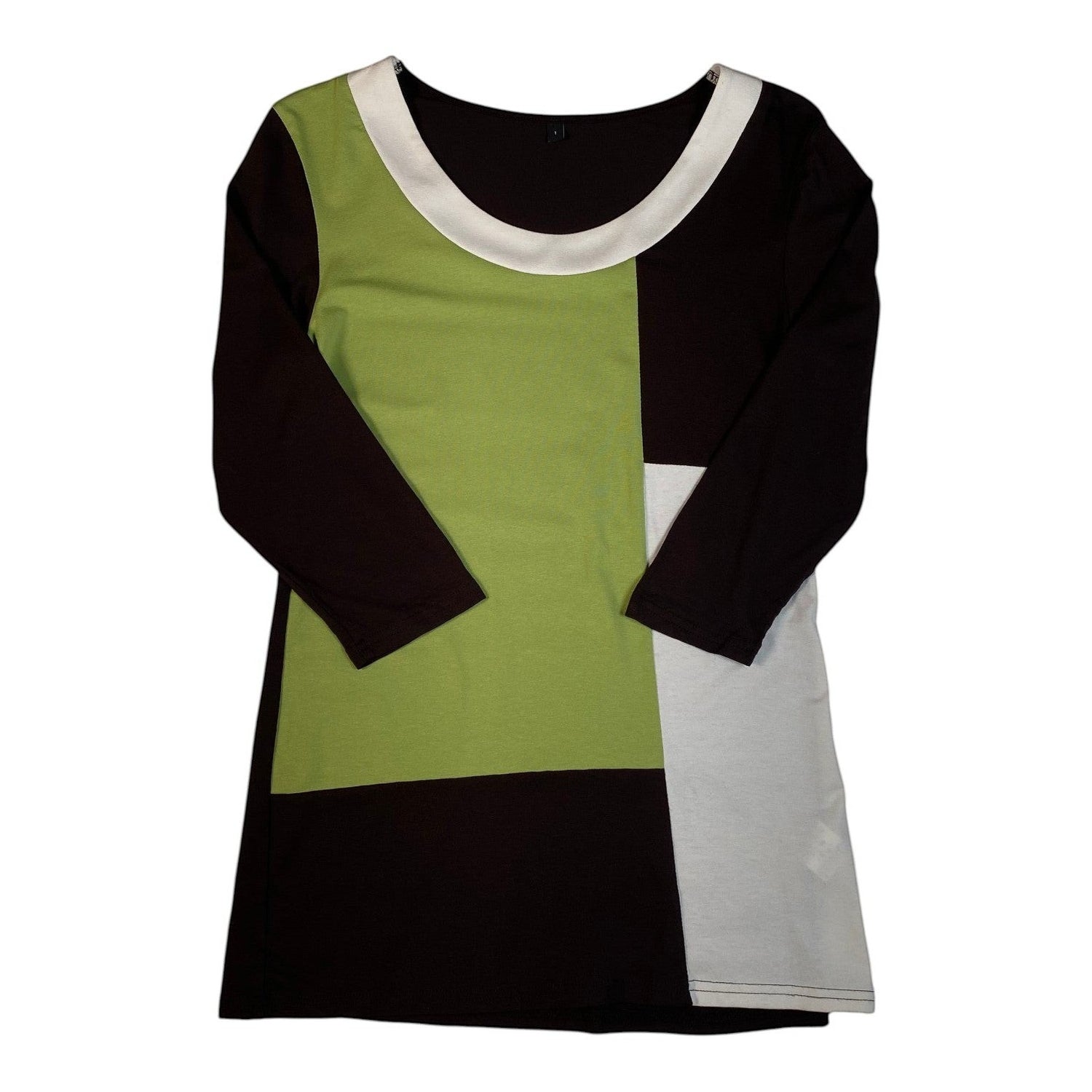 Digg It Thrift & Vintage olive and brown colorblock tunic top with mod-style sleeves and a retro 60s design.