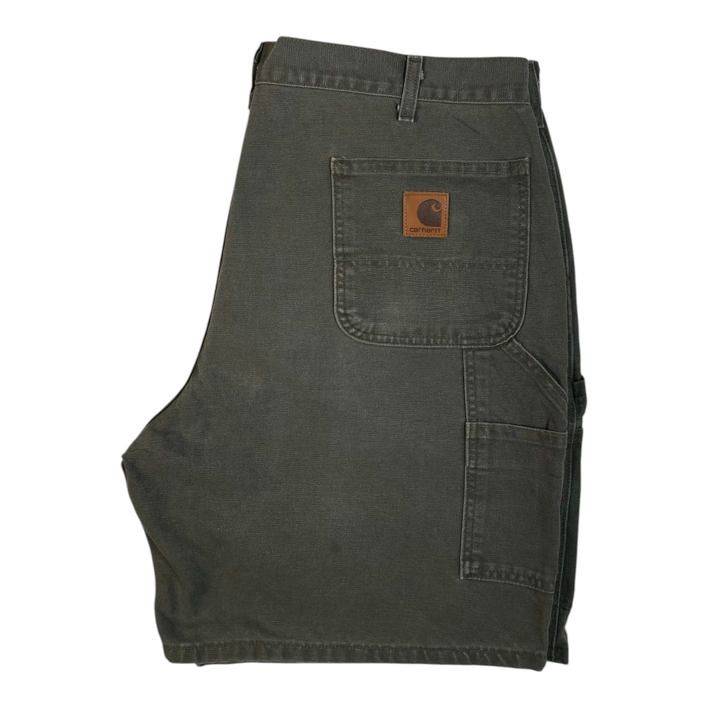 Digg It Thrift & Vintage olive green Carhartt canvas duck carpenter shorts with utility pocket and back logo patch