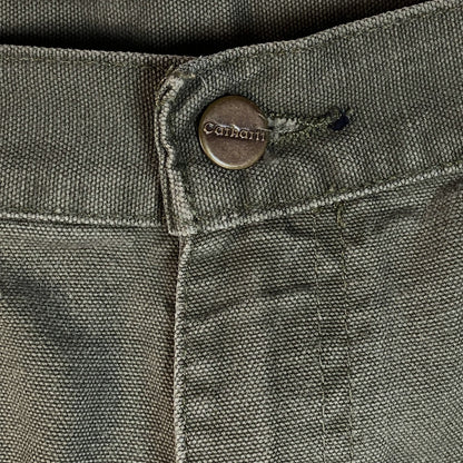 Digg It Thrift & Vintage olive green Carhartt canvas carpenter shorts featuring a branded metal button detail