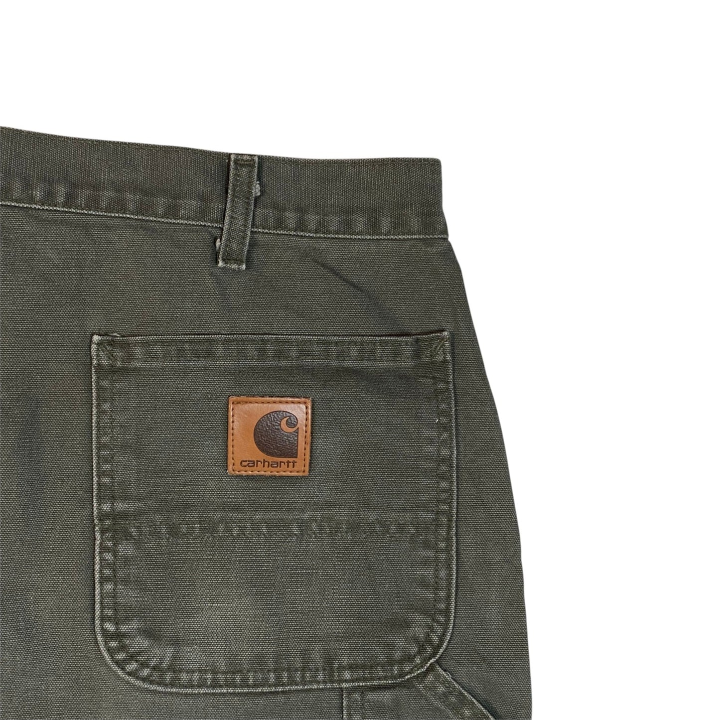 Digg It Thrift & Vintage olive green Carhartt canvas duck carpenter shorts with leather logo patch on back pocket