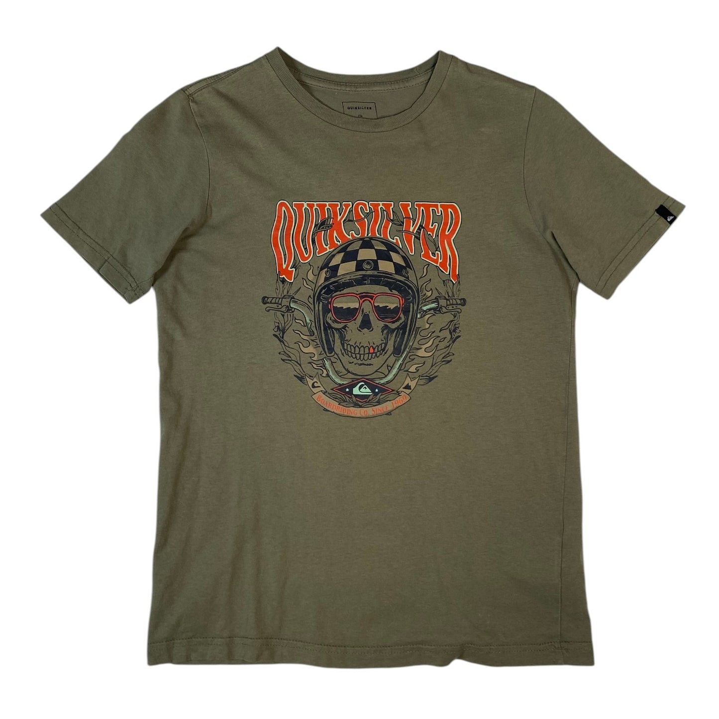 Digg It Thrift & Vintage olive green Quiksilver t-shirt featuring a graphic of a skull in a checkered helmet