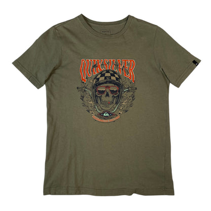 Digg It Thrift & Vintage olive green Quiksilver t-shirt featuring a graphic of a skull in a checkered helmet
