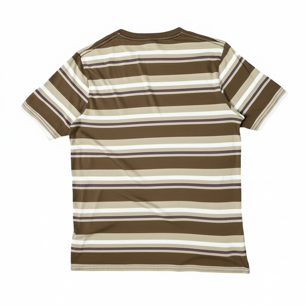 Digg It Thrift & Vintage olive green and beige striped t-shirt with white and purple accents. Short sleeves, crew neck.