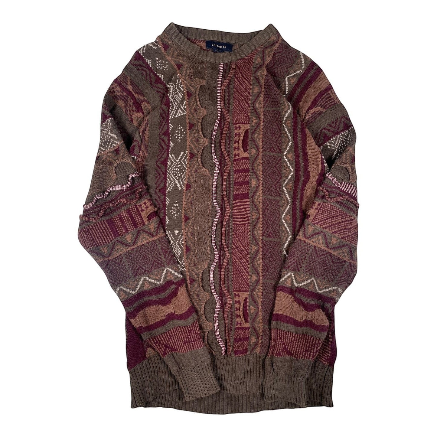 Digg It Thrift & Vintage Cotton On earthy patchwork knit sweater with multi-pattern textured design in brown tones.