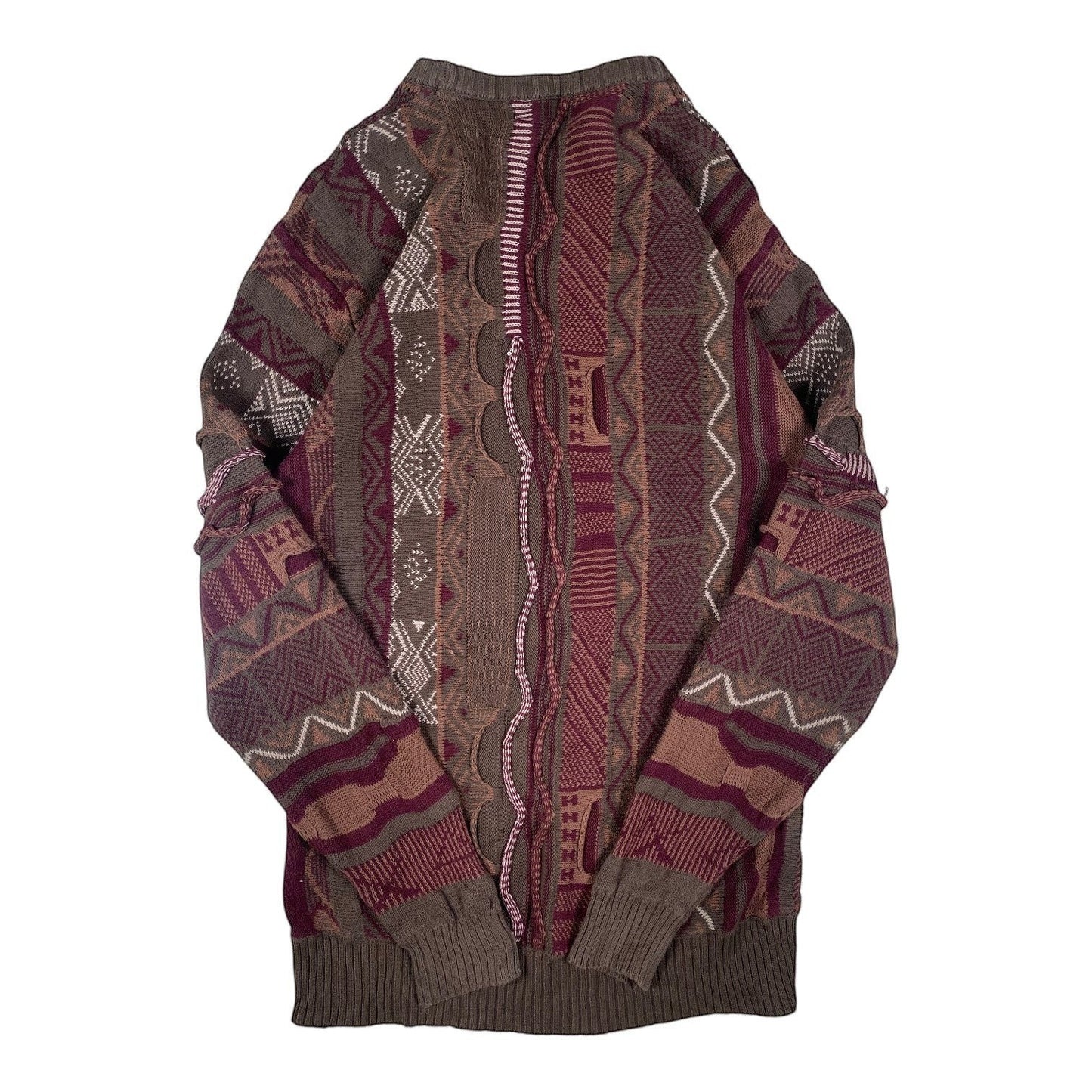 Digg It Thrift & Vintage earthy patchwork knit sweater with multi-pattern textured design in burgundy and brown tones.