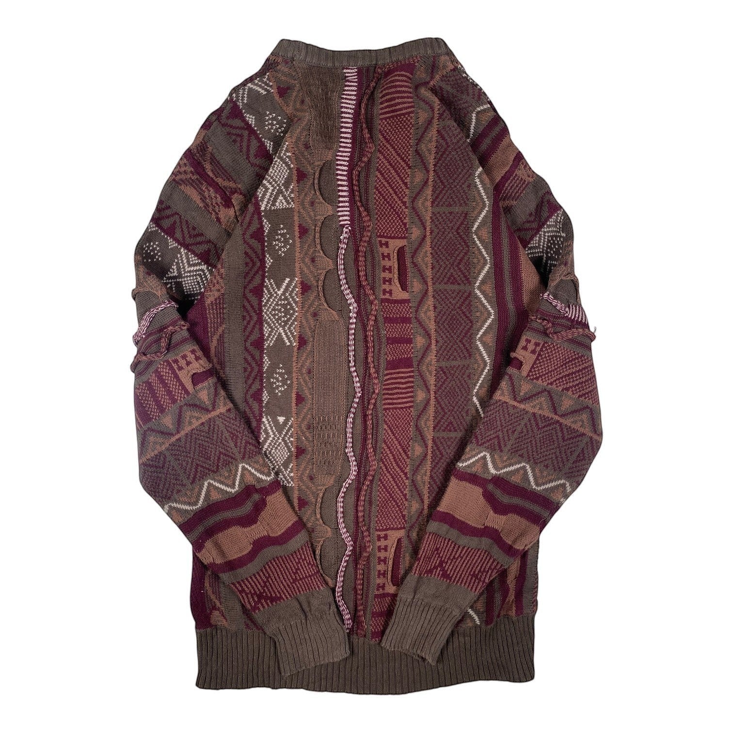 Digg It Thrift & Vintage earthy patchwork knit sweater with multi-pattern textured design in burgundy and brown tones.