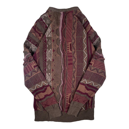 Digg It Thrift & Vintage earthy patchwork knit sweater with multi-pattern textured design in burgundy and brown tones.