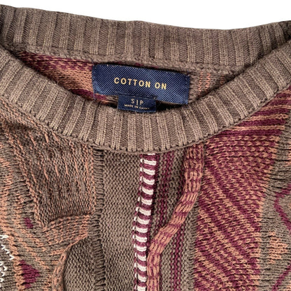 Digg It Thrift & Vintage Cotton On earthy patchwork knit sweater with textured multi-pattern design and ribbed collar