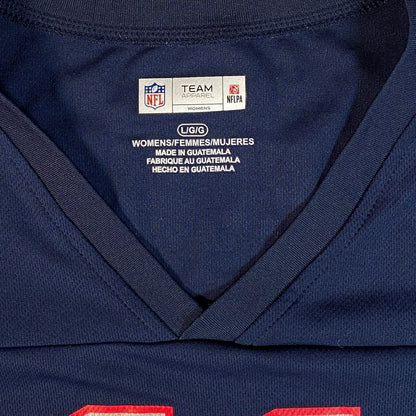Digg It Thrift & Vintage New England Patriots women's jersey interior neck label showing size L/G/G in navy blue