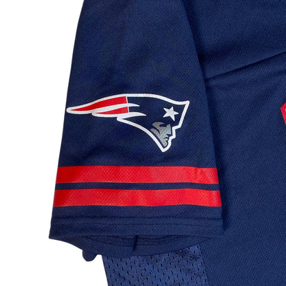 Digg It Thrift & Vintage New England Patriots jersey sleeve with team logo and red stripes on navy blue mesh fabric
