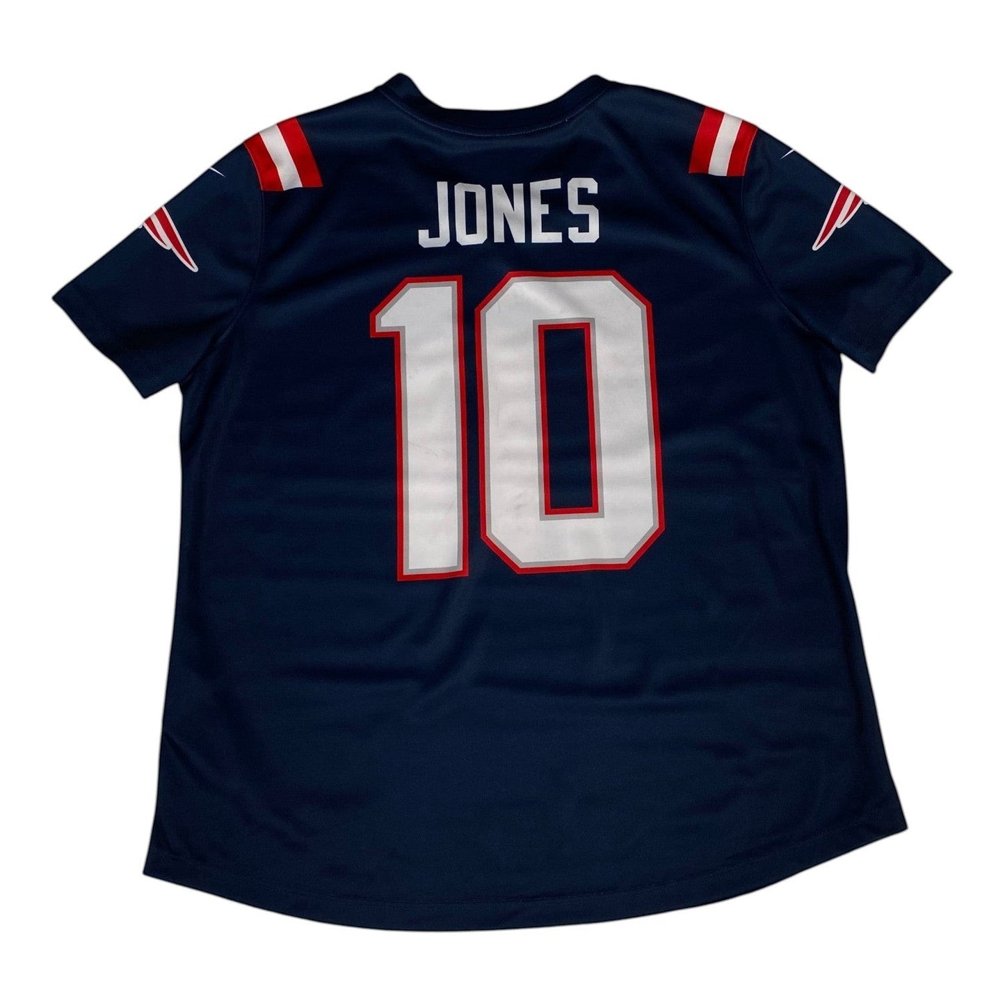 Digg It Thrift & Vintage navy blue New England Patriots Mac Jones NFL jersey with white number 10 and red accents
