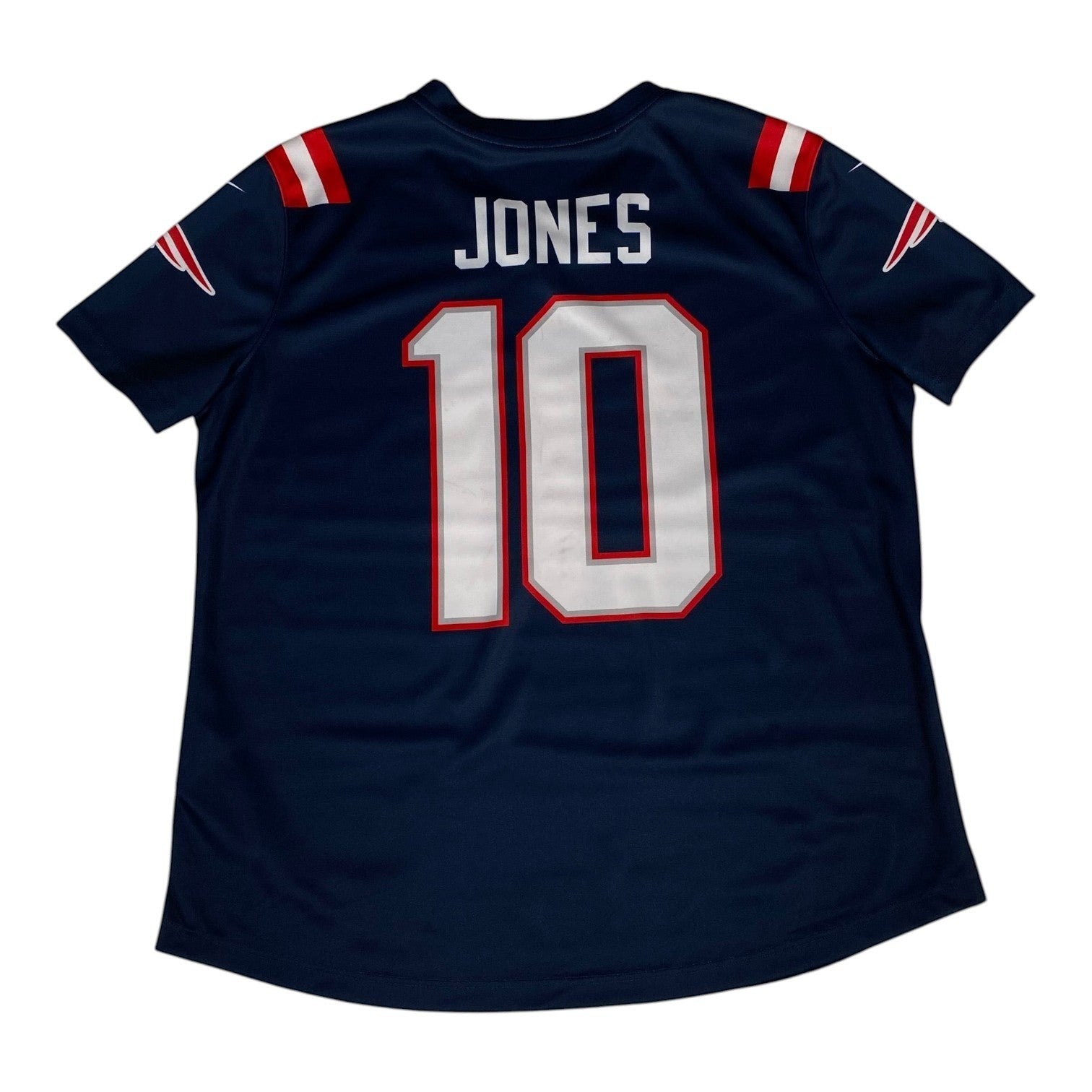 Digg It Thrift & Vintage navy blue New England Patriots Mac Jones NFL jersey with white number 10 and red accents