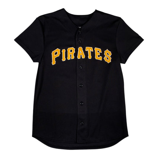 Digg It Thrift & Vintage black Pittsburgh Pirates baseball jersey with yellow lettering and button-up front.