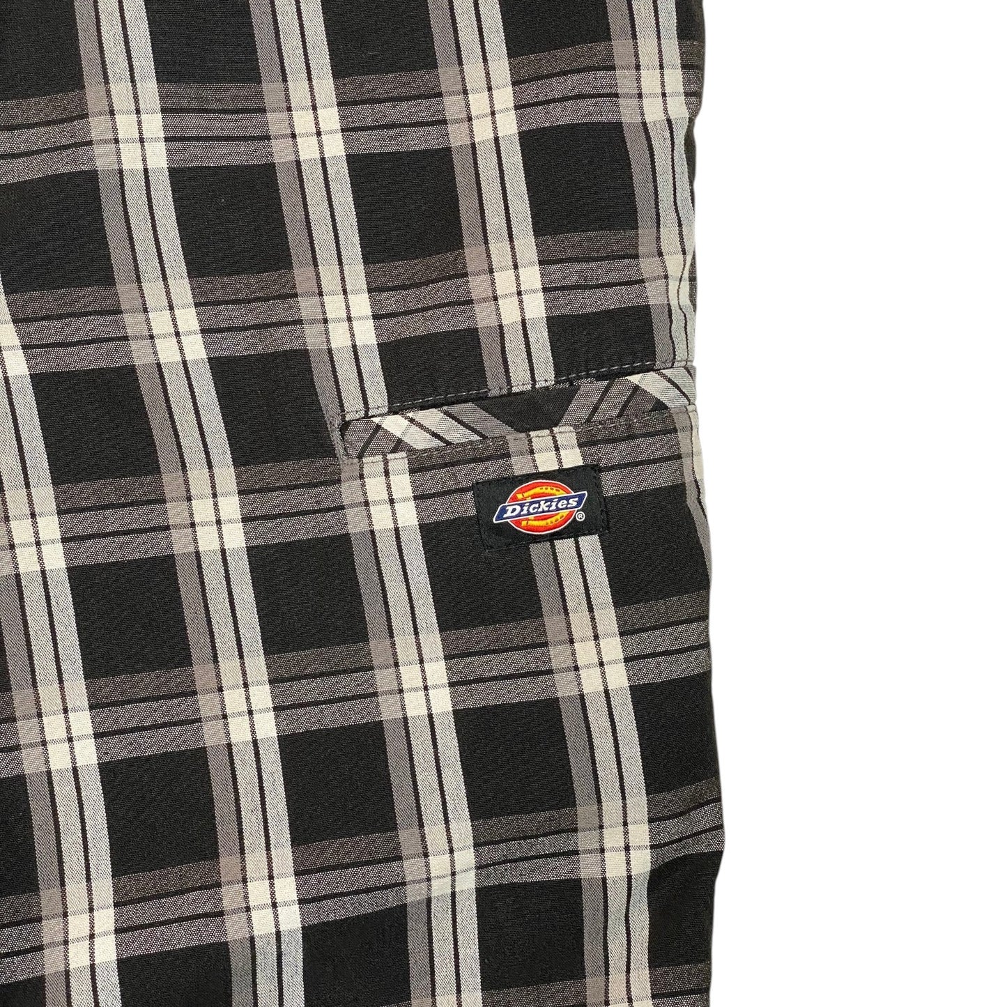 Digg It Thrift & Vintage black and white plaid Dickies shorts with a rear pocket and logo patch