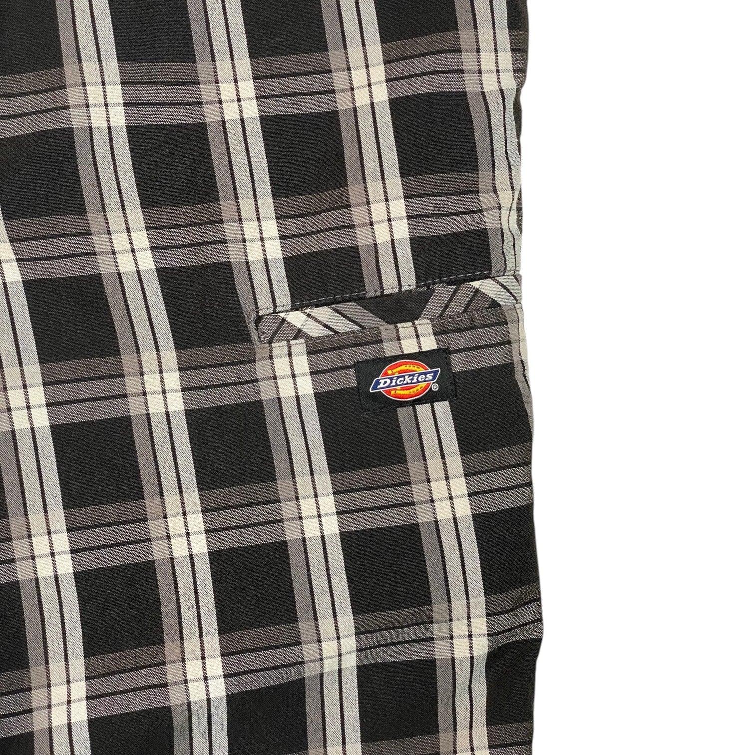 Digg It Thrift & Vintage black and white plaid Dickies shorts with a rear pocket and logo patch