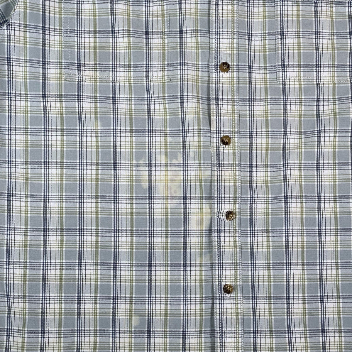 Digg It Thrift & Vintage light blue and sage plaid short sleeve work shirt with button front and visible stain