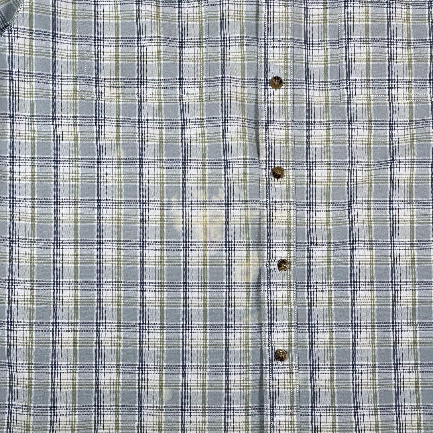 Digg It Thrift & Vintage light blue and sage plaid short sleeve work shirt with button front and visible stain