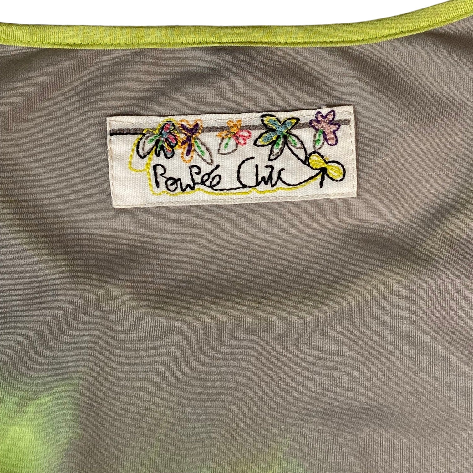 Digg It Thrift & Vintage Poupée Chic grey short sleeve top with embroidered floral brand label and lime green trim