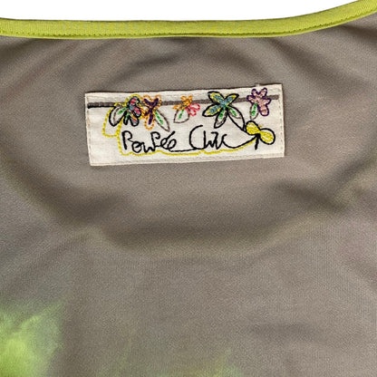 Digg It Thrift & Vintage Poupée Chic grey short sleeve top with embroidered floral brand label and lime green trim