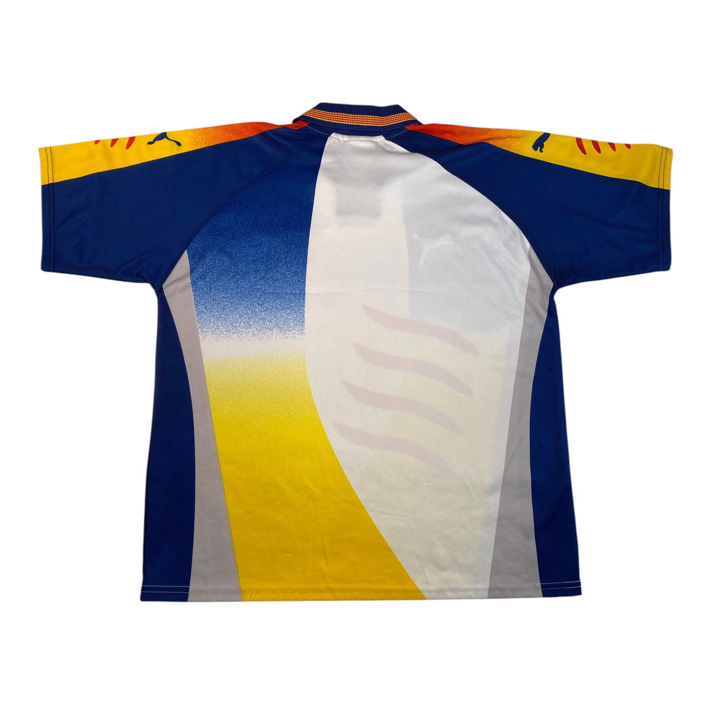 Back view of a vintage 1999-2000 Digg It Thrift & Vintage Puma Catalunya football shirt in blue, yellow, and white.