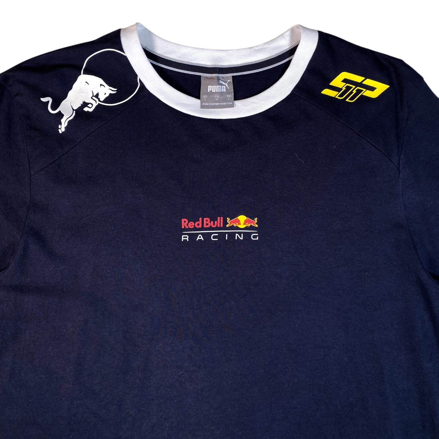 Digg It Thrift & Vintage navy Puma Red Bull Racing F1 t-shirt with Sergio Perez SP11 logo and white collar