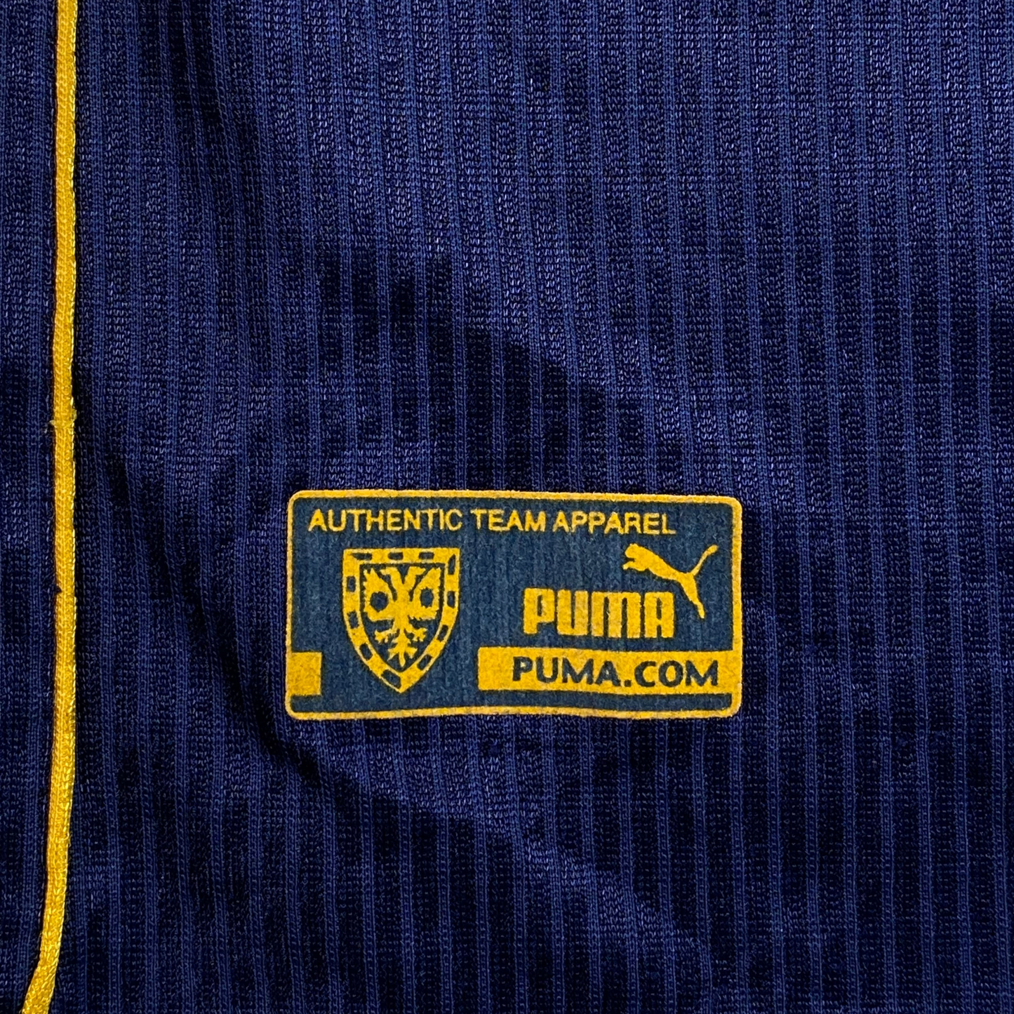 Digg It Thrift & Vintage 1999-2000 Puma Wimbledon FC home football shirt detail with yellow authentic team apparel patch