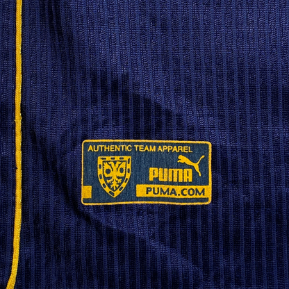 Digg It Thrift & Vintage 1999-2000 Puma Wimbledon FC home football shirt detail with yellow authentic team apparel patch
