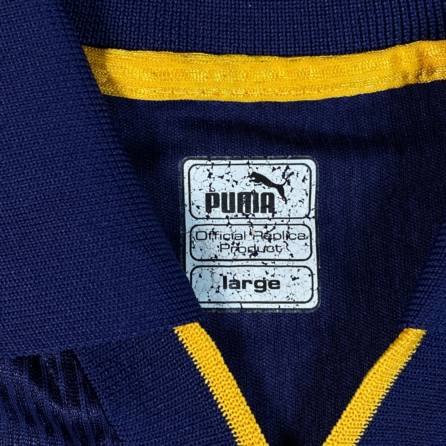 Digg It Thrift & Vintage 1999-2000 Puma Wimbledon FC home football shirt collar tag size large in navy and yellow