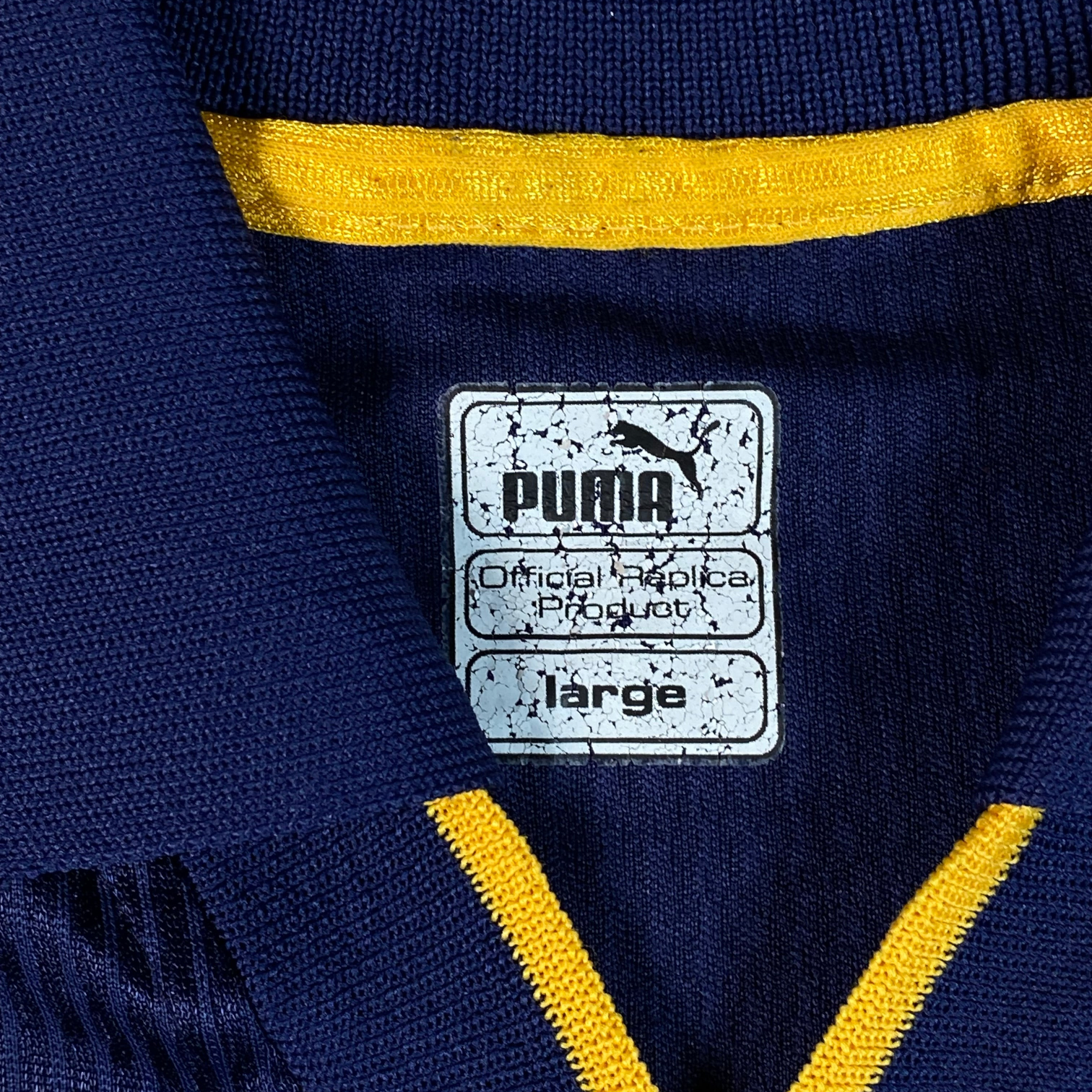 Digg It Thrift & Vintage 1999-2000 Puma Wimbledon FC home football shirt collar tag size large in navy and yellow