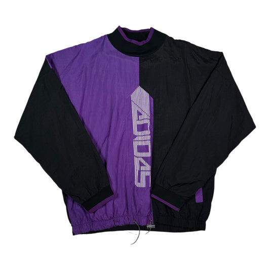 Digg It Thrift & Vintage purple and black colorblock windbreaker pullover with vertical Adidas logo graphic