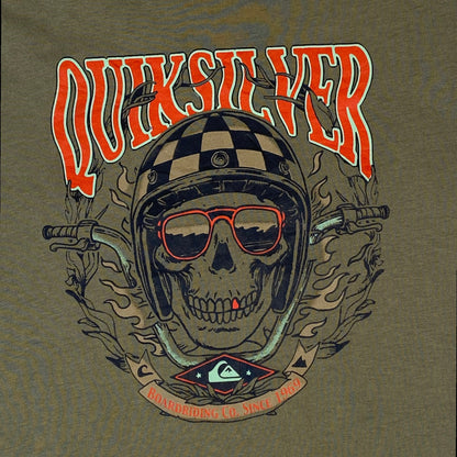 Digg It Thrift & Vintage olive green Quiksilver t-shirt featuring a graphic of a skull in a checkered biker helmet