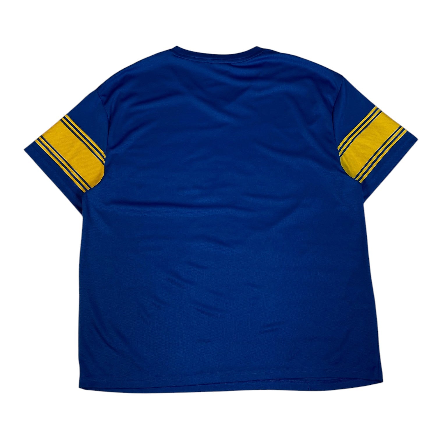 Back view of a blue Digg It Thrift & Vintage NFL Los Angeles Rams jersey with yellow sleeve stripes, size large.