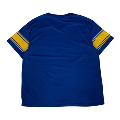 Back view of a blue Digg It Thrift & Vintage NFL Los Angeles Rams jersey with yellow sleeve stripes, size large.