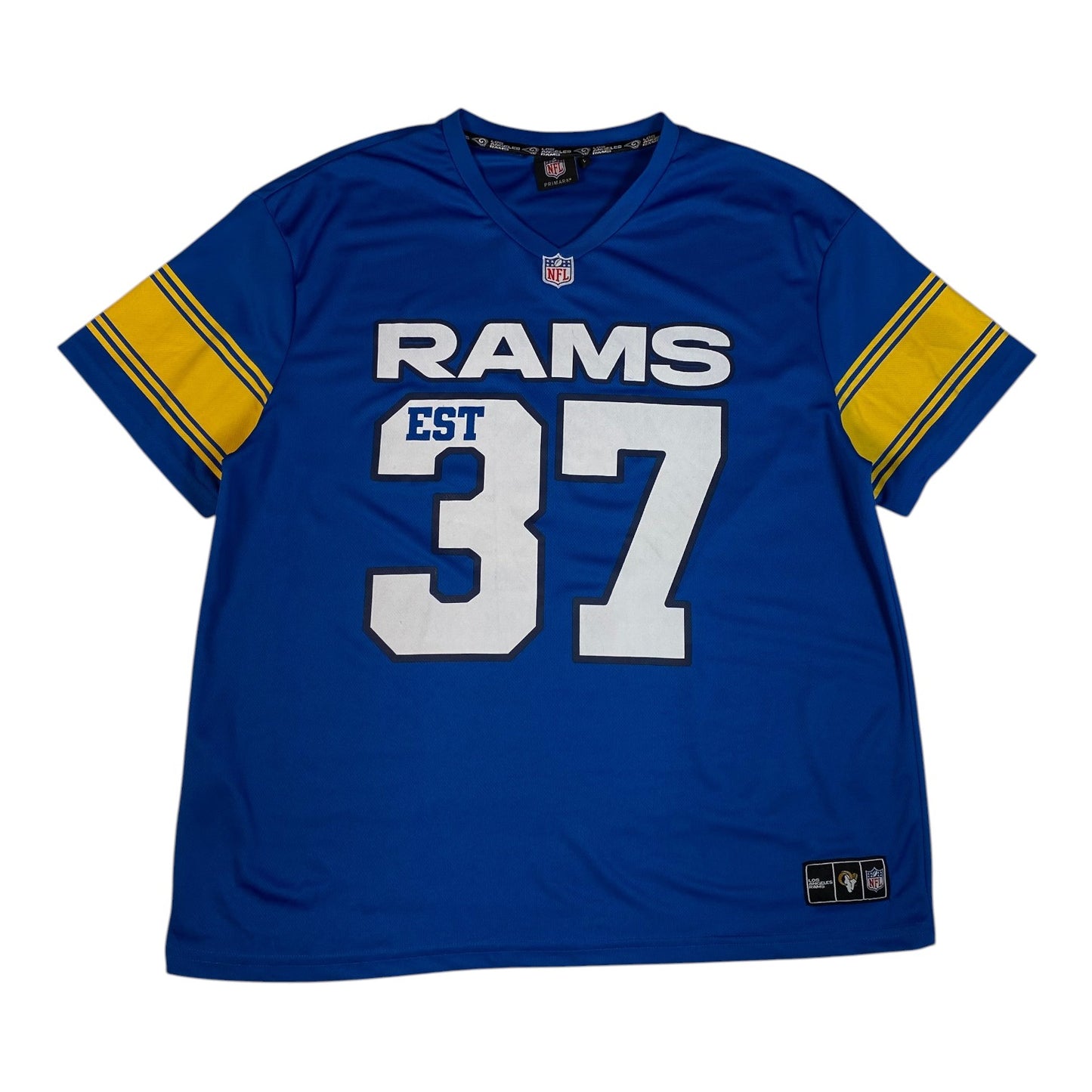 Digg It Thrift & Vintage blue Los Angeles Rams NFL jersey with yellow sleeve stripes and number 37 graphic