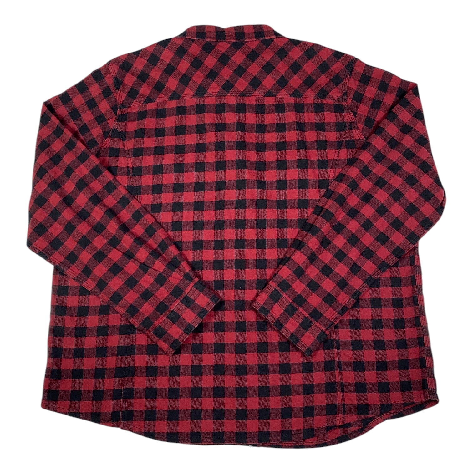 Back view of a Digg It Thrift & Vintage red and black plaid flannel shirt in size 2XL with long sleeves.