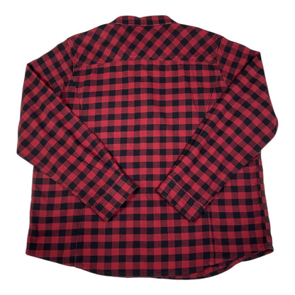 Back view of a Digg It Thrift & Vintage red and black plaid flannel shirt in size 2XL with long sleeves.