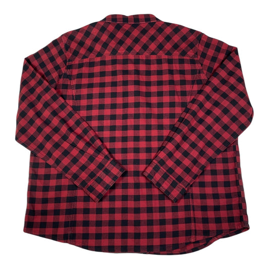 Back view of a Digg It Thrift & Vintage red and black plaid flannel shirt in size 2XL with long sleeves.
