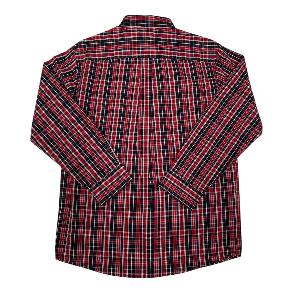 Digg It Thrift & Vintage Dickies red and black plaid long sleeve work shirt, back view, size medium