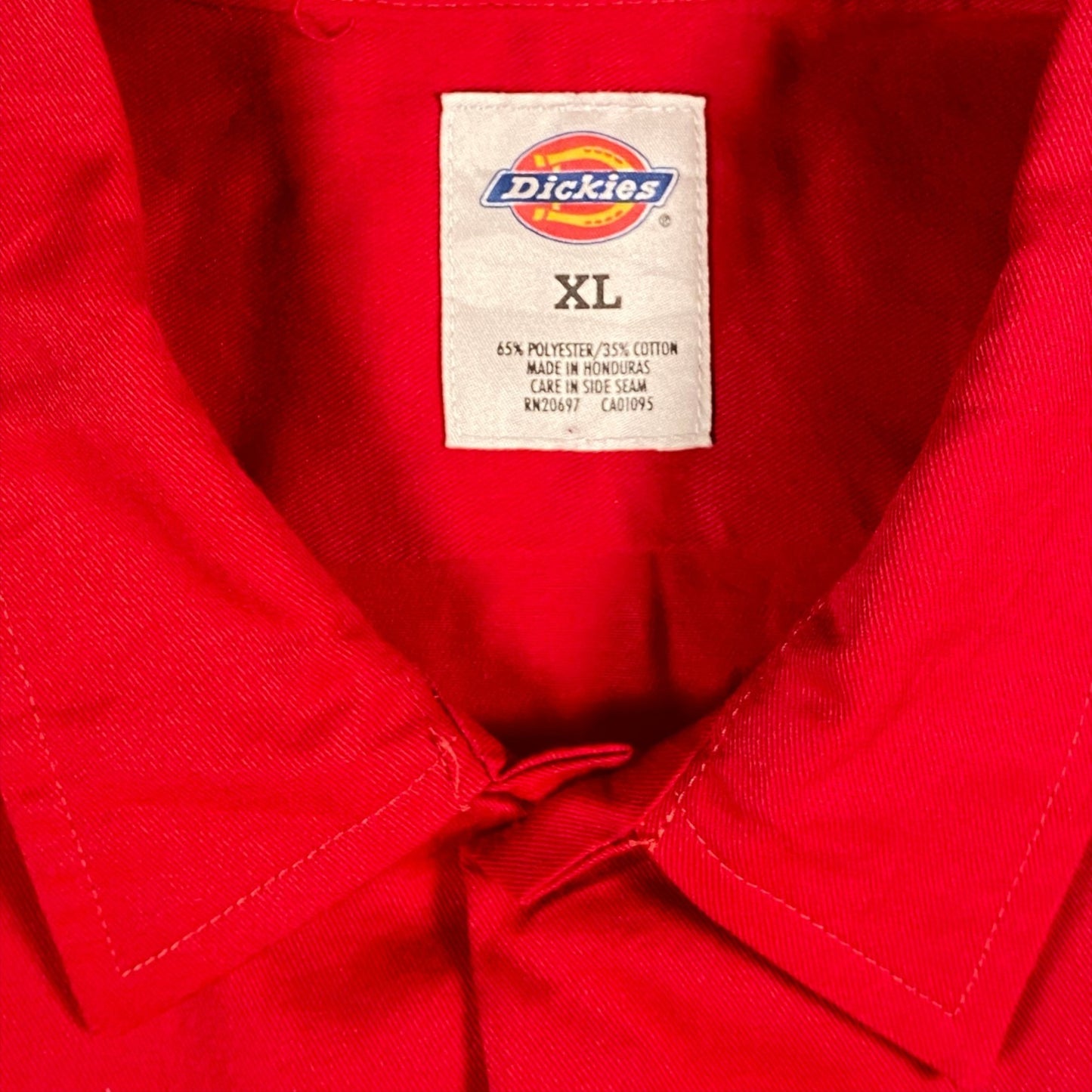 Digg It Thrift & Vintage red Dickies work shirt collar with size XL label and polyester cotton blend tag
