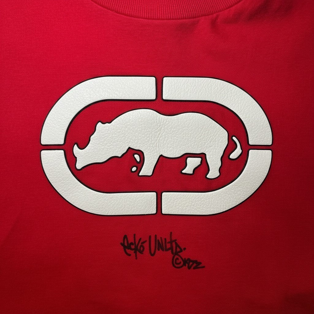 Digg It Thrift & Vintage red cotton graphic tee with white rhino logo and Ecko Unltd. text. Fits like a small.