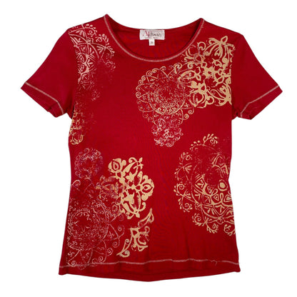 Digg It Thrift & Vintage red short-sleeve t-shirt with beige mandala print and contrast stitching, size small