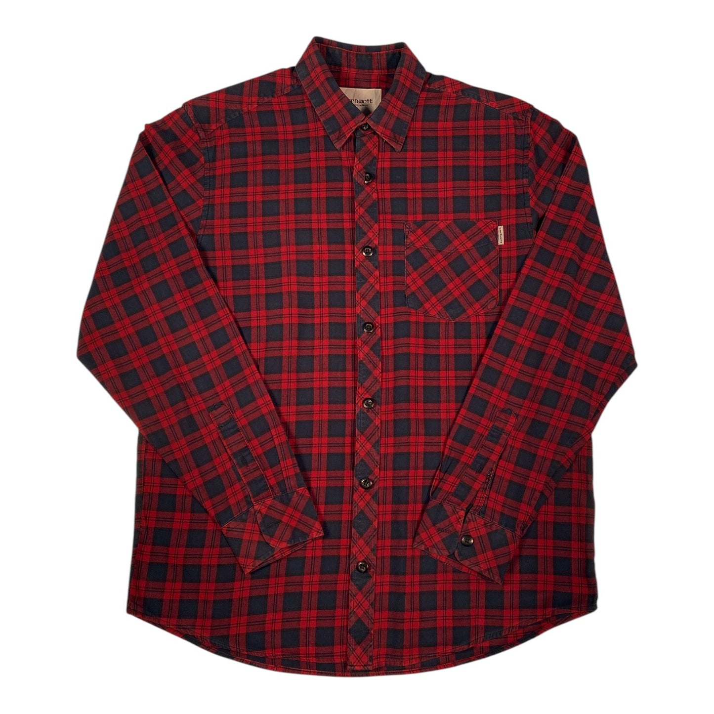 Digg It Thrift & Vintage Carhartt WIP red and navy plaid flannel long sleeve shirt with chest pocket