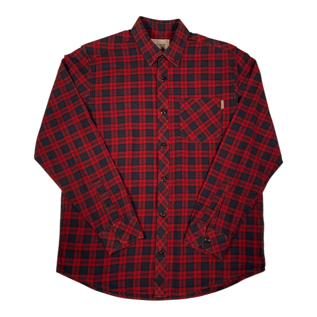 Digg It Thrift & Vintage Carhartt WIP red and navy plaid flannel long sleeve shirt with chest pocket