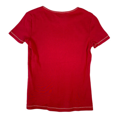 Back view of a red Affinités Armand t-shirt with white contrast stitching, sold by Digg It Thrift & Vintage.