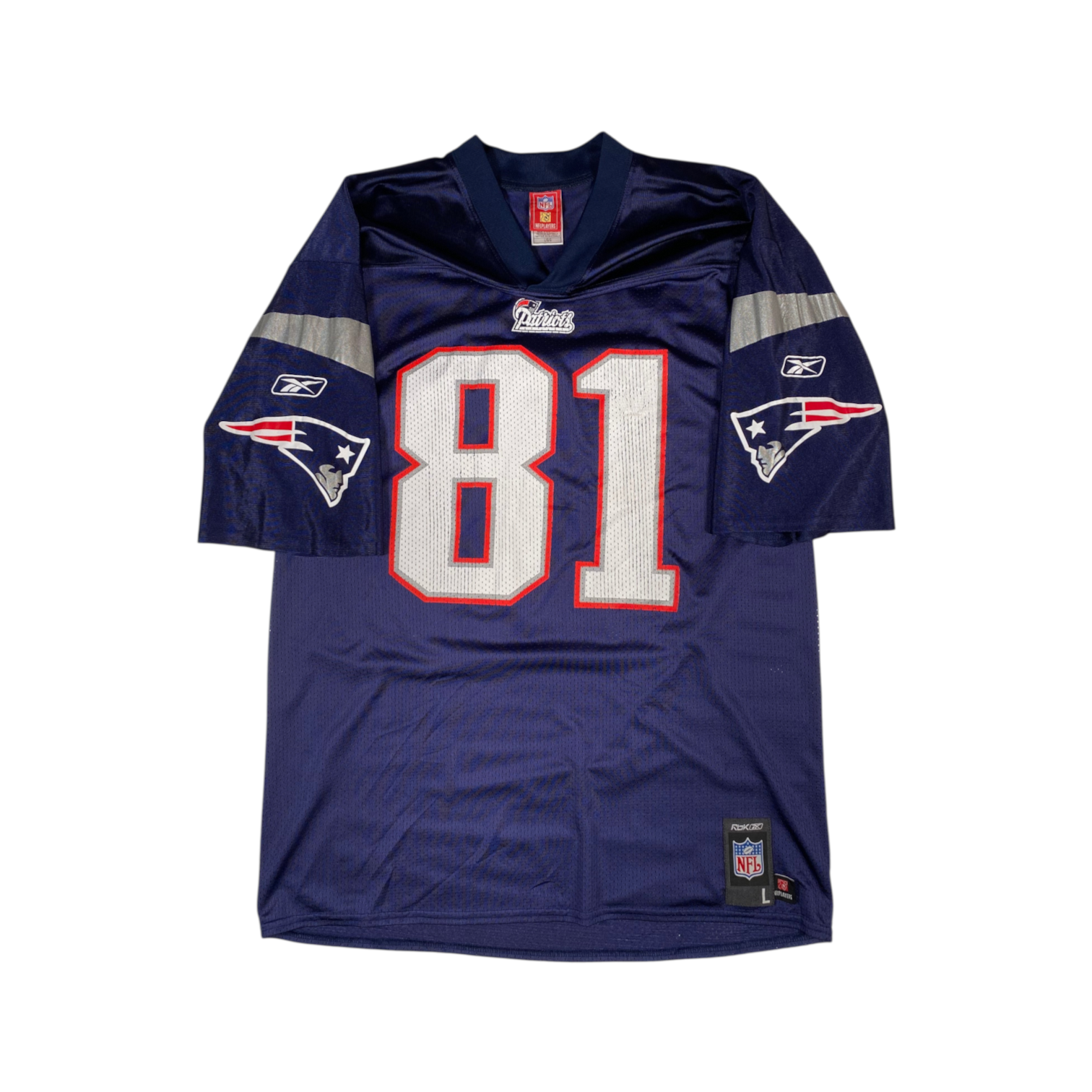 Digg It Thrift & Vintage navy blue Reebok NFL New England Patriots Randy Moss jersey with number 81, size large