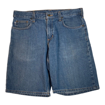 Digg It Thrift & Vintage relaxed fit blue denim jorts with a classic five-pocket design and button fly closure.