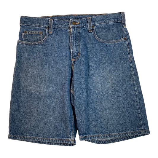 Digg It Thrift & Vintage relaxed fit blue denim jorts with a classic five-pocket design and button fly closure.