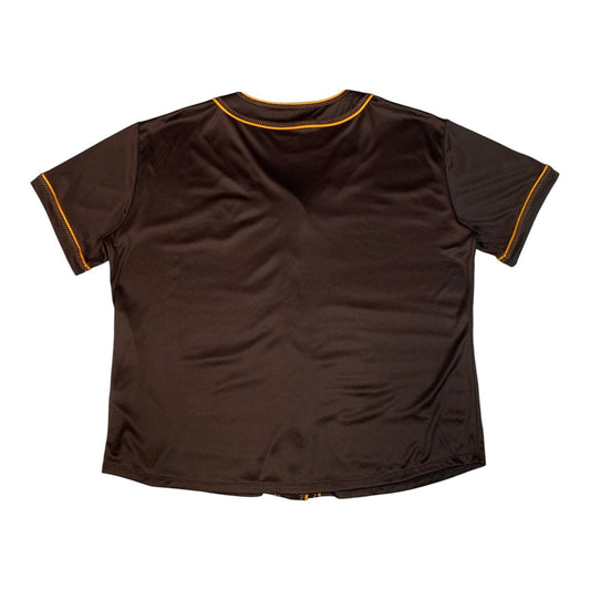 Back view of a Digg It Thrift & Vintage Majestic San Diego Padres baseball jersey in brown with gold trim, size 2XL
